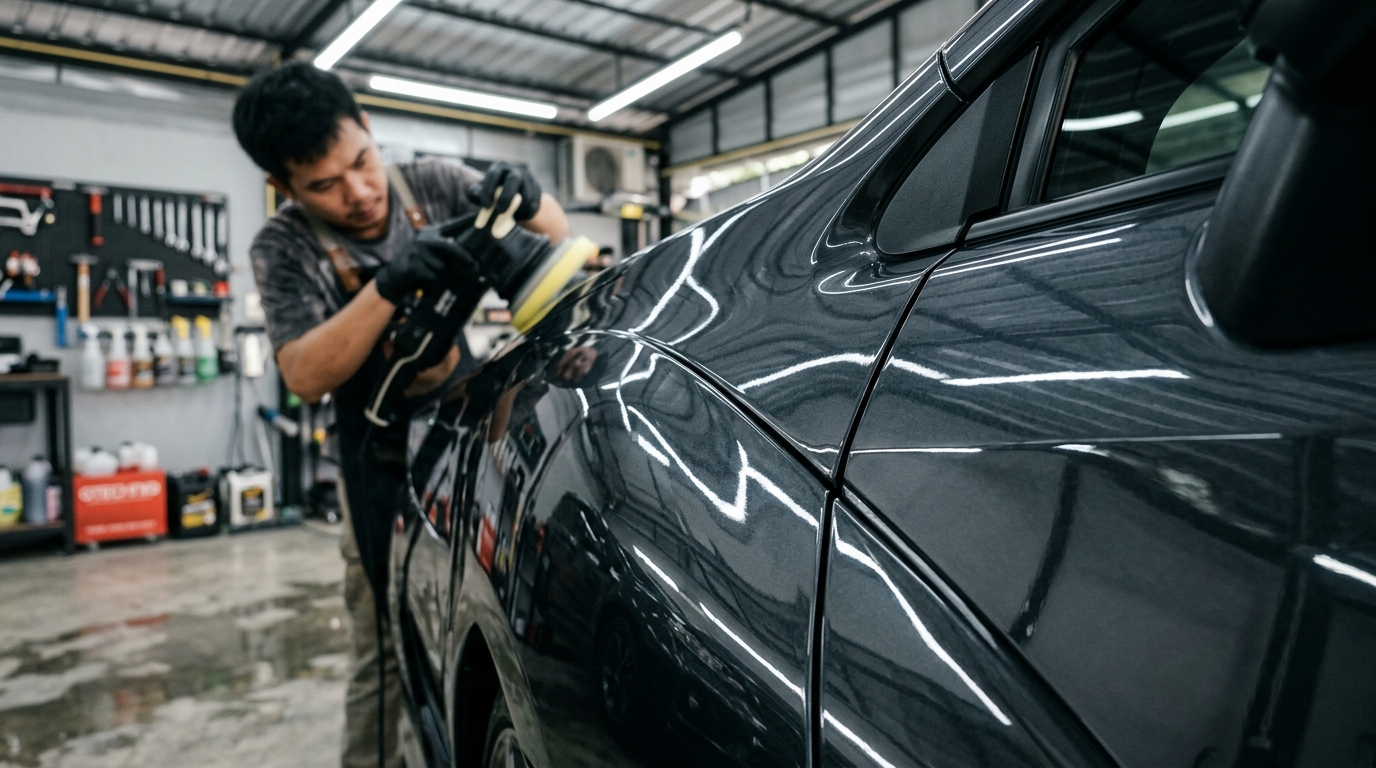ช่างจุ้ย เจ้าของร้าน 26 Auto Garage กำลังขัดเตรียมผิวสีรถยนต์อย่างประณีต